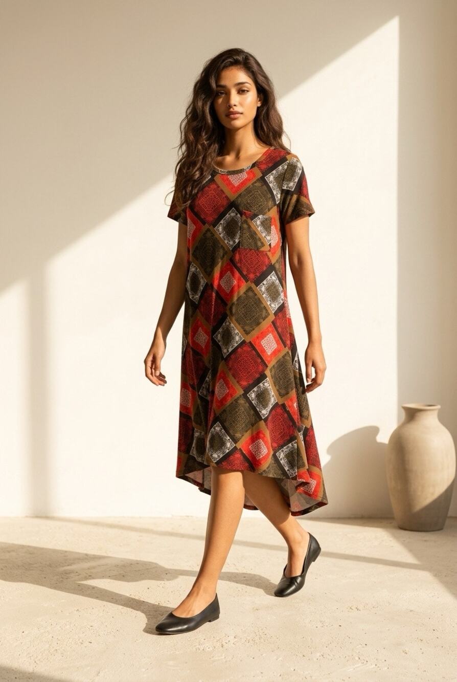 LuLaRoe Carly Dress US L Red Black Green Geometric High-Low Swing Midi Pocket